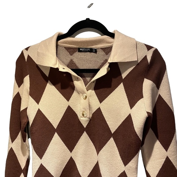 NWOT NASTY GAL Clueless Harlequin Print Fitted Polo Argyle Preppy Knit Sweater M - Picture 6 of 15